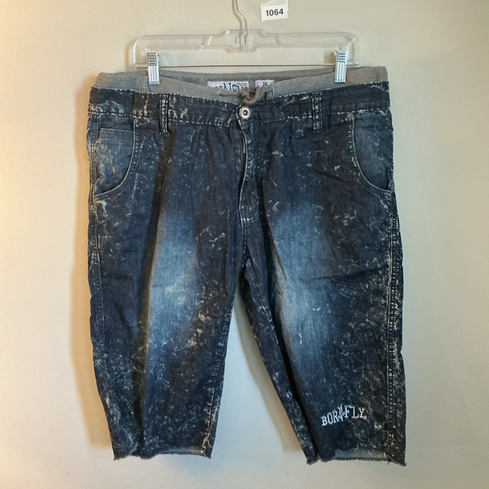 Born Fly Men's Blue Acid Wash Distressed Denim Jean Shorts 5-Pocket Graphic 36